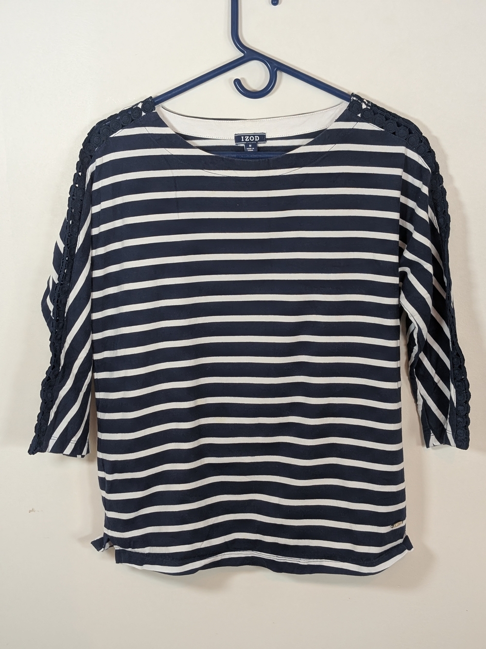 IZOD Navy and White Stripe Crochet-Sleeve Boatneck Top